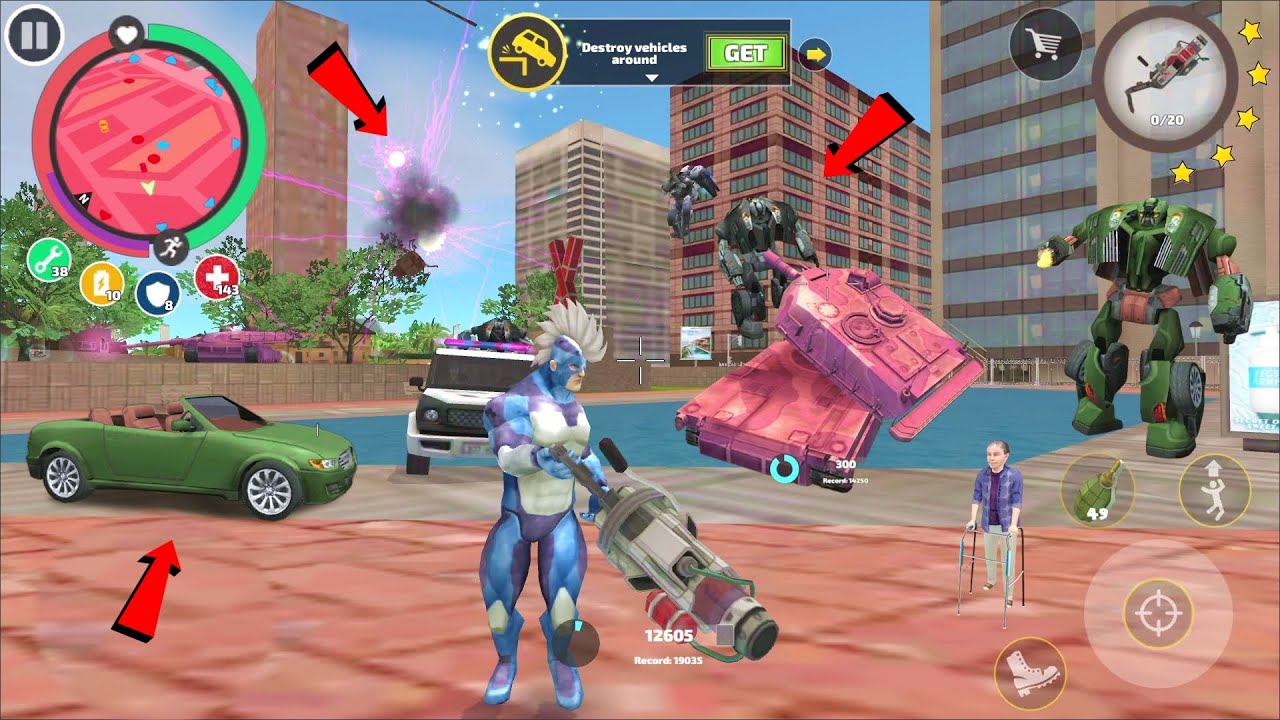 Rope Hero Vice Town (rope hero with heavy blaster gun)shockwave gun destroy army tank and helicopter