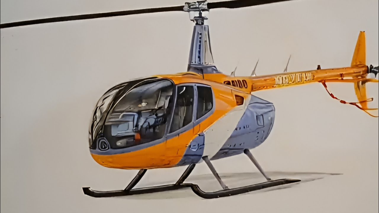 Robinson R 66 Helicopter coloured pencil and brush pen drawing 🚁 ✏️ 🎨