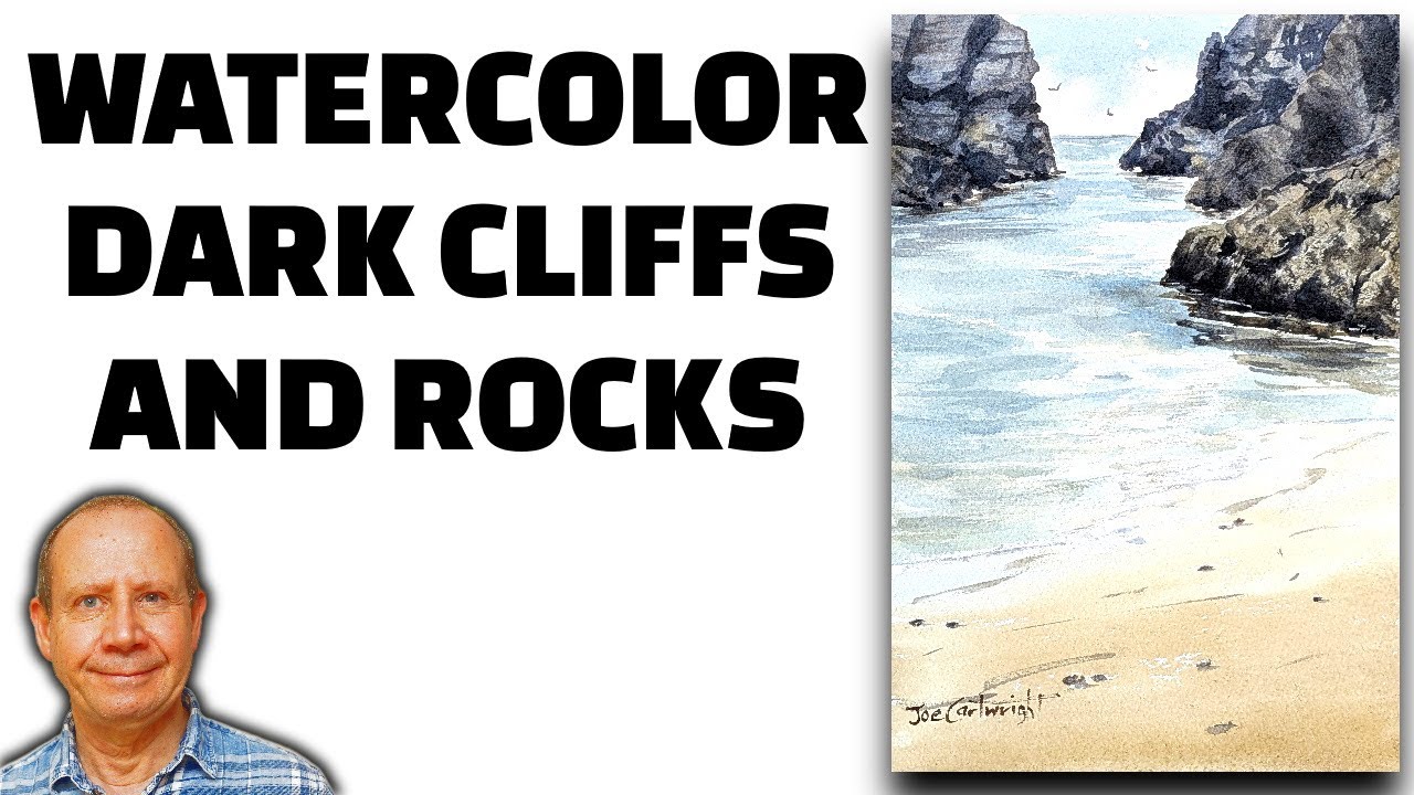 Watercolor painting - dark cliffs and rocks on the sea. Wet sand and foam. Clear turquoise water.