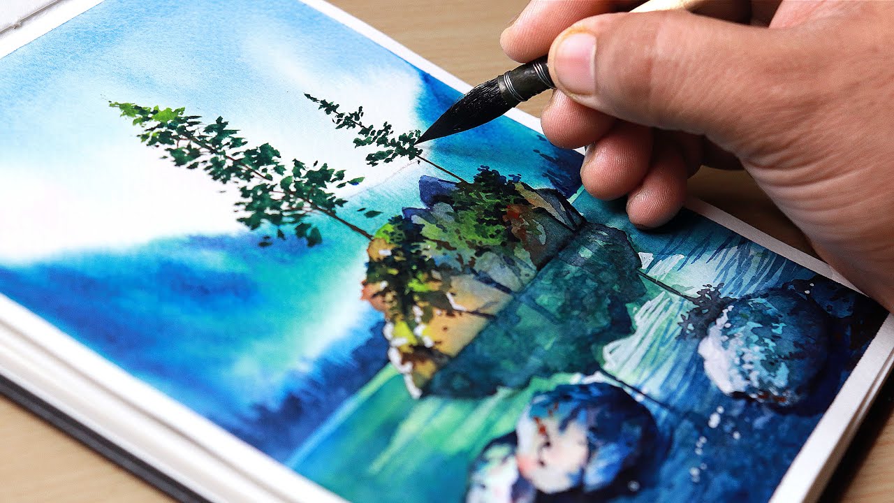 Beautiful Watercolor Painting of Tropical Island Seascape easy