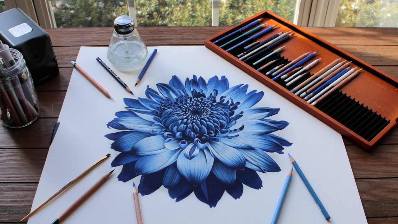 Painting a Blue Dahlia using Colored Pencils and Paint Thinner