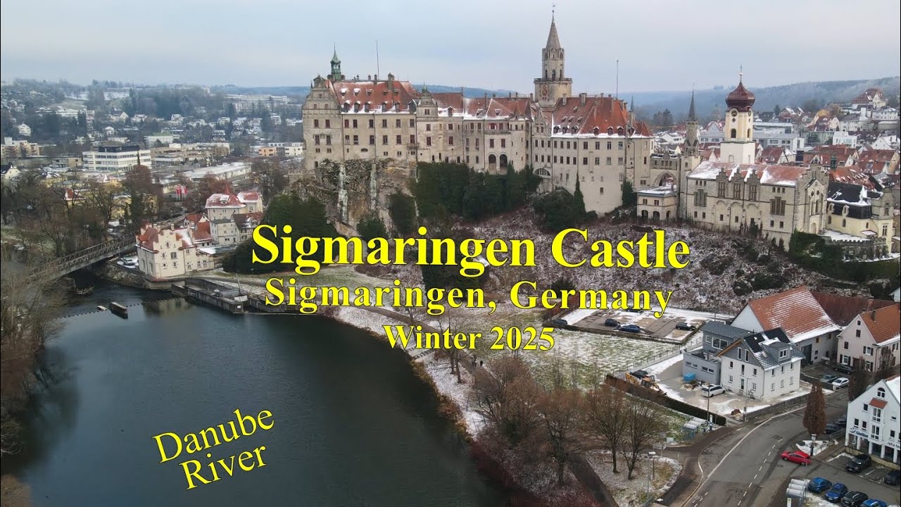 4K bird's view video of the beautiful Sigmaringen Castle (Hohenzollernschloss), in Germany