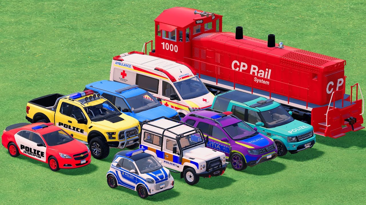 GO! POLICE CARS, AMBULANCE, FIRE TRUCK, COLORFUL CARS WITH TRUCK & TRAIN FARMING SIMULATOR 22! #89