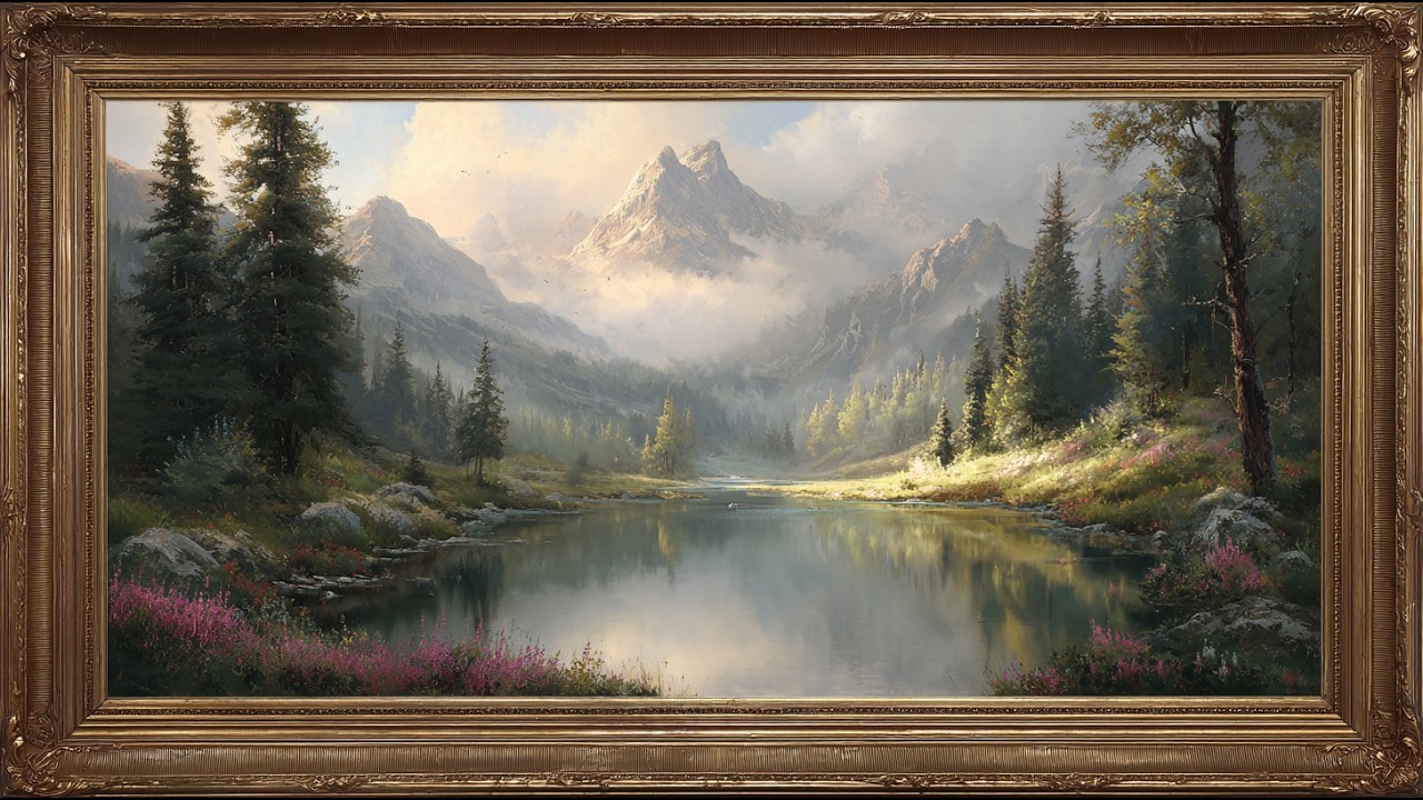 Peaceful Mountain Lake Landscape | Framed Nature Painting for TV Display | Frame TV Art Screensaver