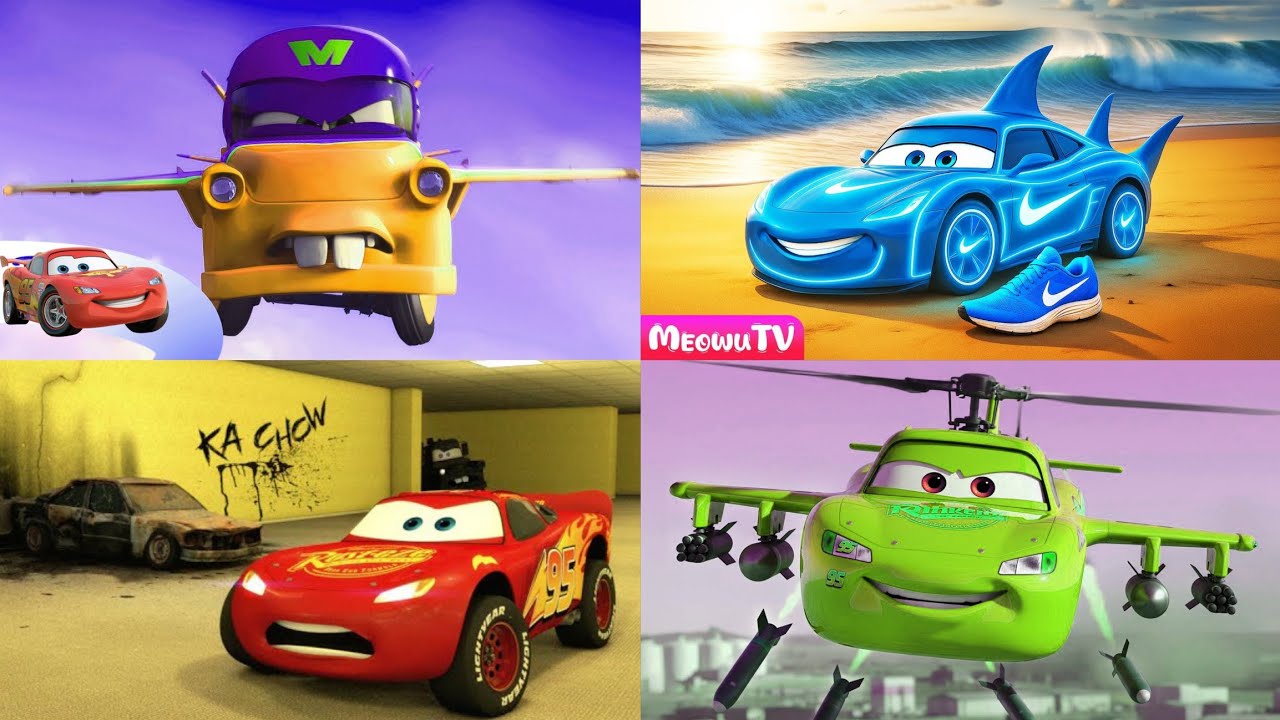 Yellow Mutant Mater 🆚 Blue Shark McQueen 🆚 Red Garage McQueen 🆚 Green Helicopter McQueen | McQueen