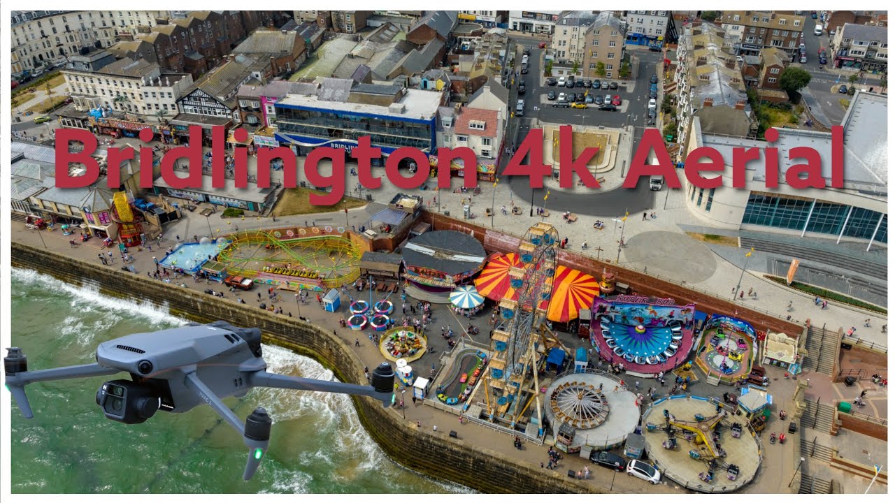 Stunning Cinematic Aerial 4K Video of Bridlington, Speed Boats Bayside Funfair and Harbor. Drone