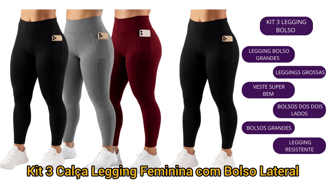 Kit 3 Calça Legging Feminina com Bolso Lateral