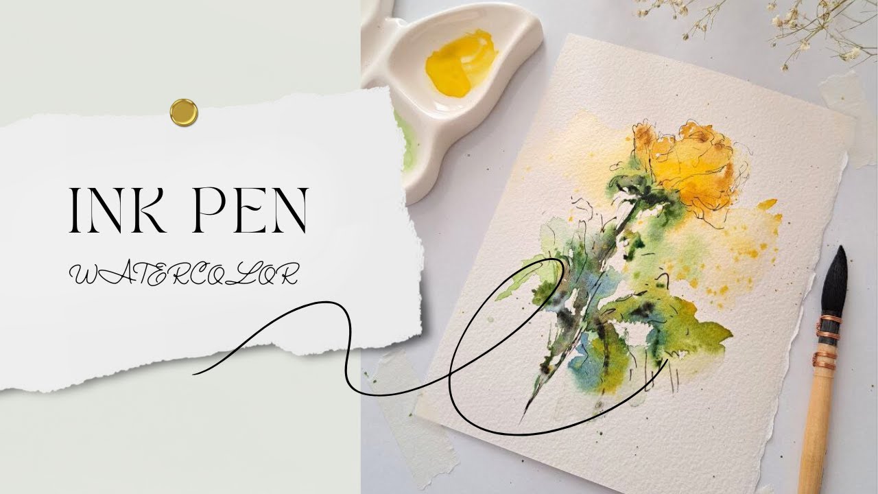 Watercolor Painting: Demonstration of a Beautiful Yellow Rose Using Ink Pen