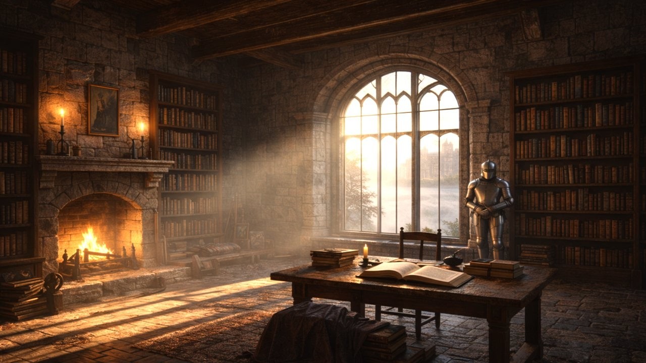 Medieval Knight’s Study at Dawn 🏰🔥 | Castle Library Fireplace & Quiet Study Ambience (4 Hours)