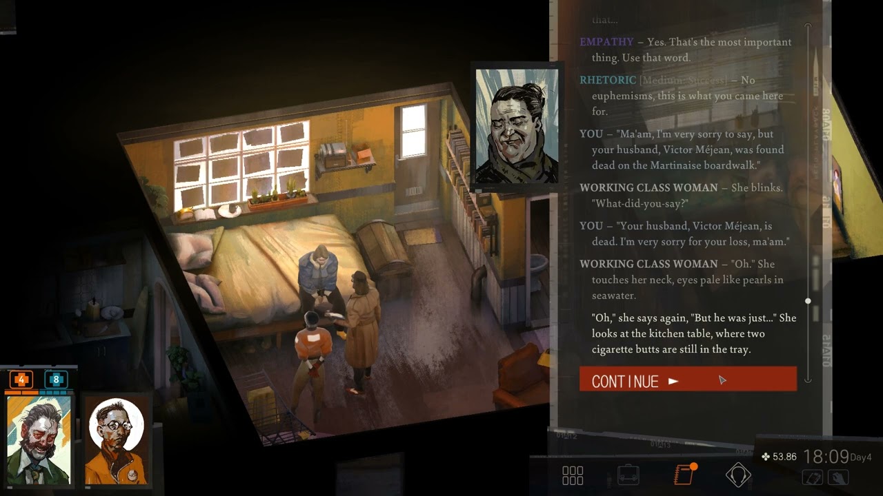 Disco Elysium - Informing Billie Mejean of her Husband's Death (Success)