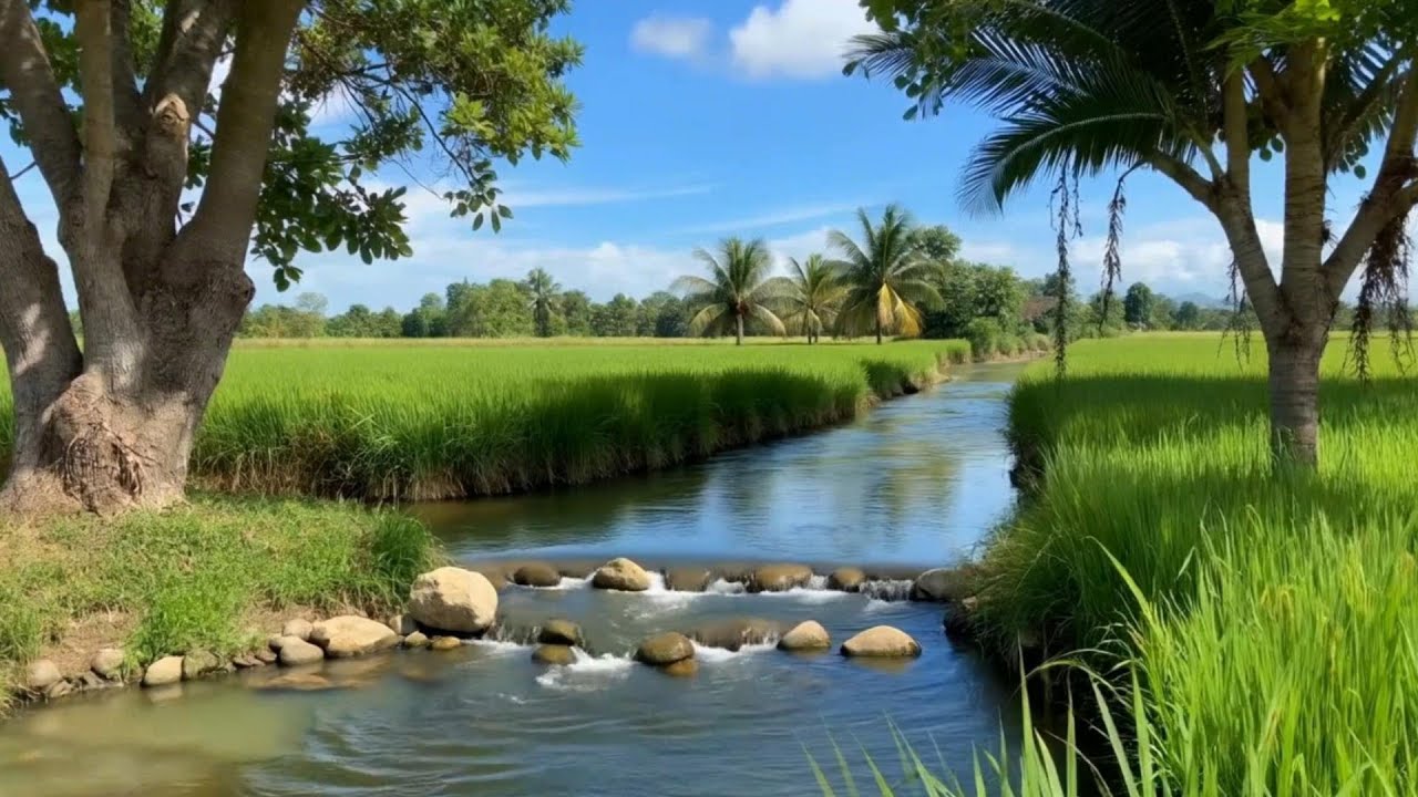 Relaxing River Sounds Flowing Through Rice Fields | Peaceful Nature ASMR for Deep Relaxation