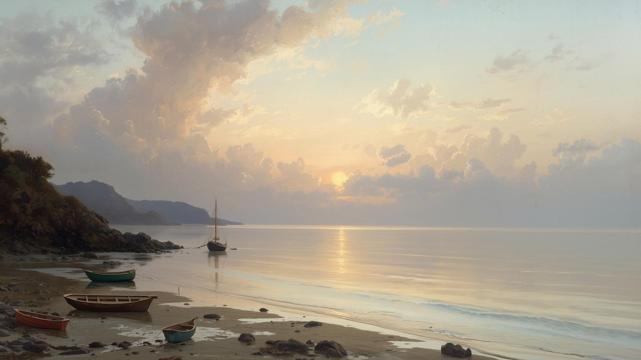 Sunset Ocean Beach and Sailboats Vintage Painting | Frame TV Art Display | 2-Hour Screensaver