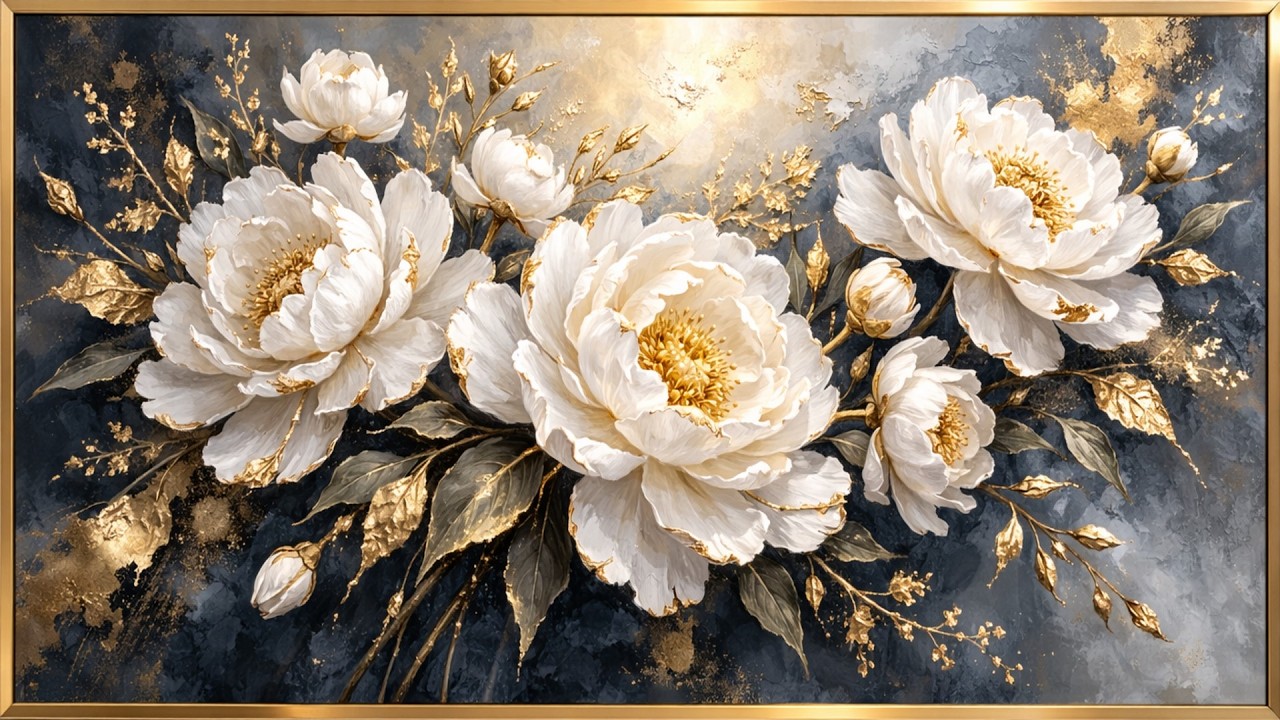 Luxury White & Gold Floral Art | Elegant Calm TV Art (4K Framed Wall Art 16:9)