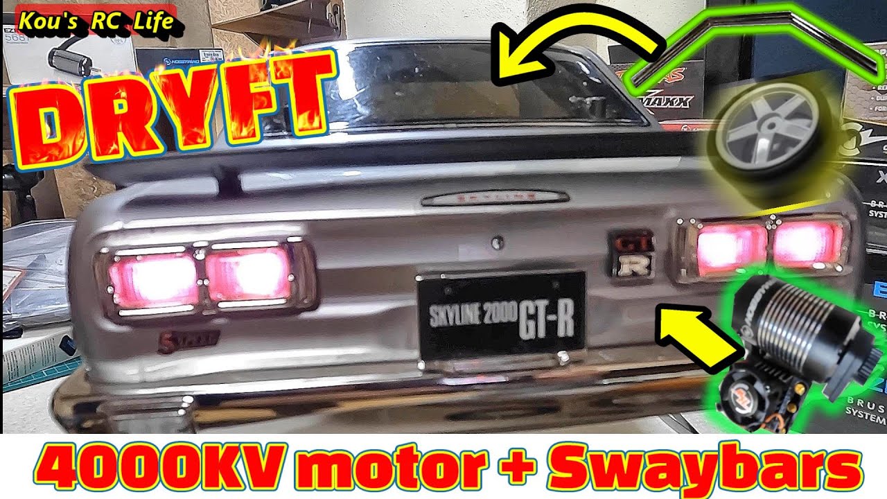 I installed Hobbywing MAX10, slick tires and sway bars on my Kyosho Skyline 2000GT-R.