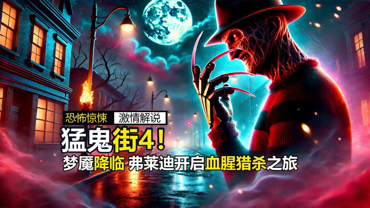 变态杀人魔弗莱迪制作人头披萨，并在少女面前用刀片将人头插起吃掉！太重口了！经典恐怖片《猛鬼街4：梦幻主宰》
