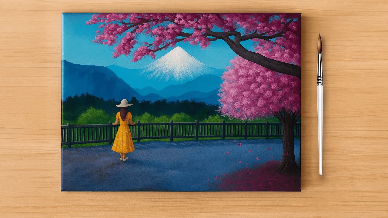 Cherry Blossom Landscape Painting | Mount Fuji View | Relaxing Painting