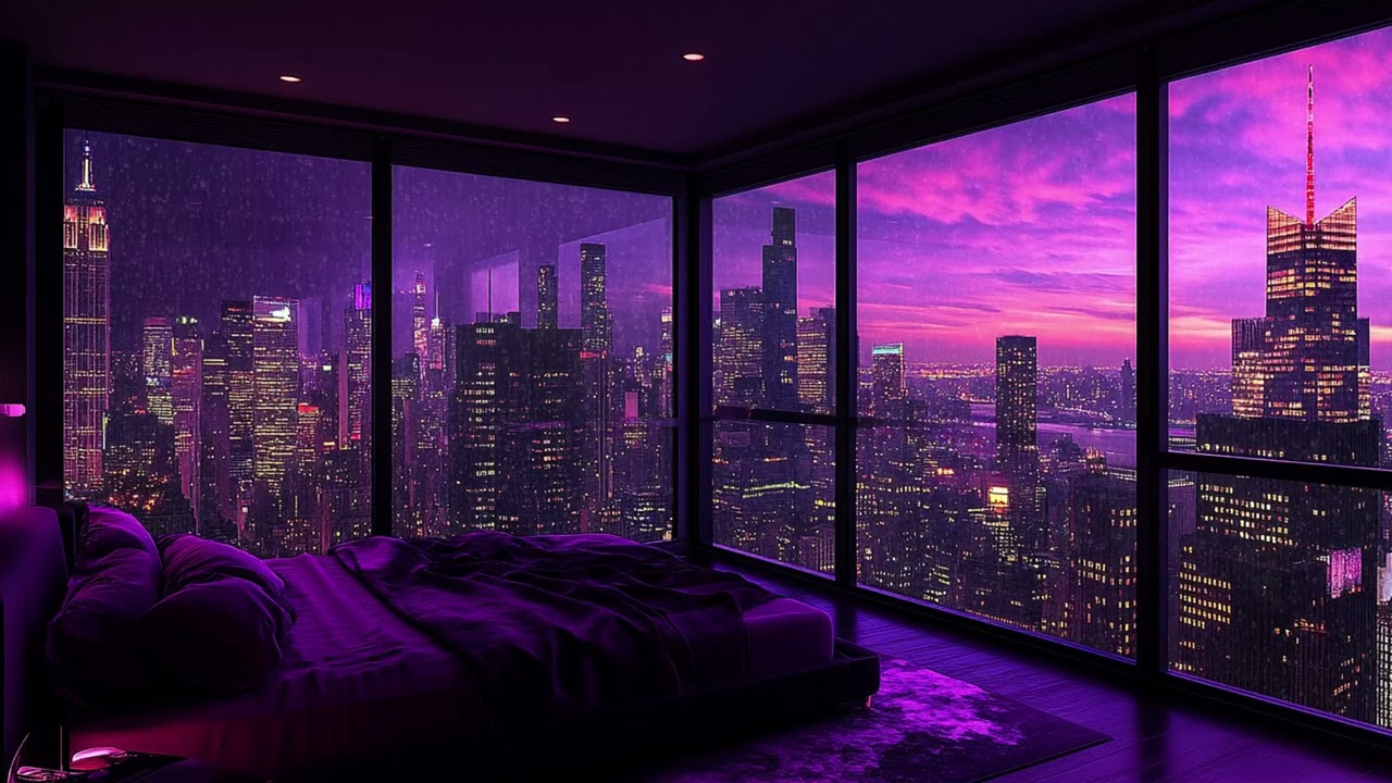 Rain Patters on Lofty Skyline Windows | Modern Suite Above the Glittering City | Peaceful Rest Sound