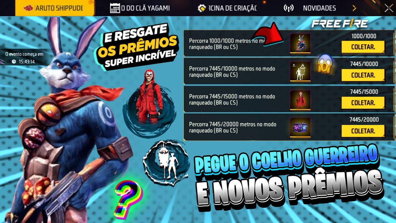 AÍ SIM GARENA!! PEGUE O COELHO GUERREIRO? TOP CRIMINAL CHEGANDO, BANDEIRÃO - E MAIS - FREE FIRE 
