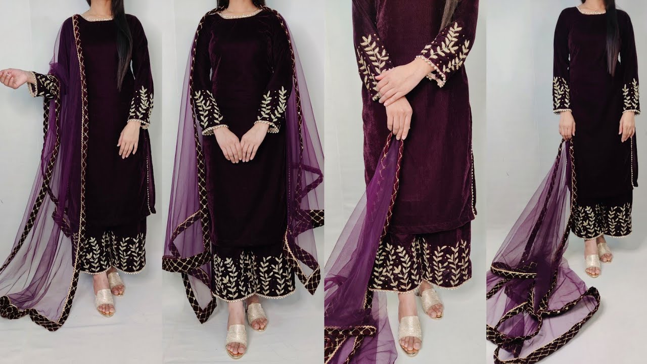 Velvet embroidery suit cutting and stitching/ DIY hand embroidery/ Selves designs/ plazo design