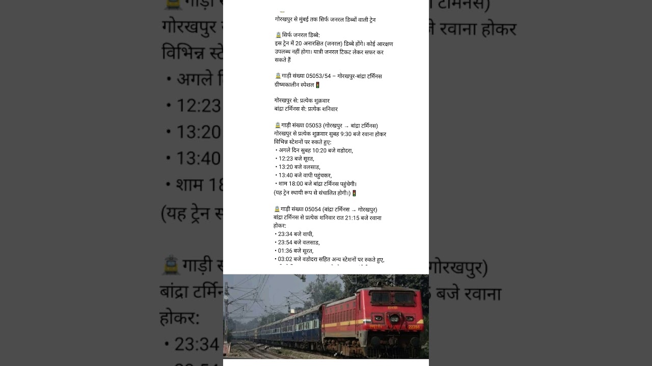 #05053/05054#Gkp to mumbai special train #gorakhpur to Bandra terminus #Mumbai/ bandra to Gorakhpur