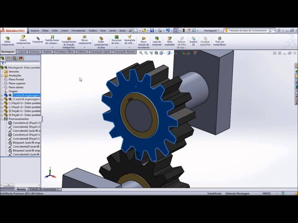 Aula 66 -  Simulando Movimentos de Engrenagens 2º Parte - Solidworks - Marcelo Pereira
