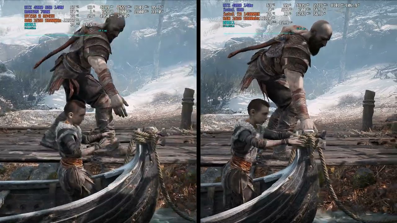 Ryzen 9 8945H vs intel i9 14900HX God of war Max setting