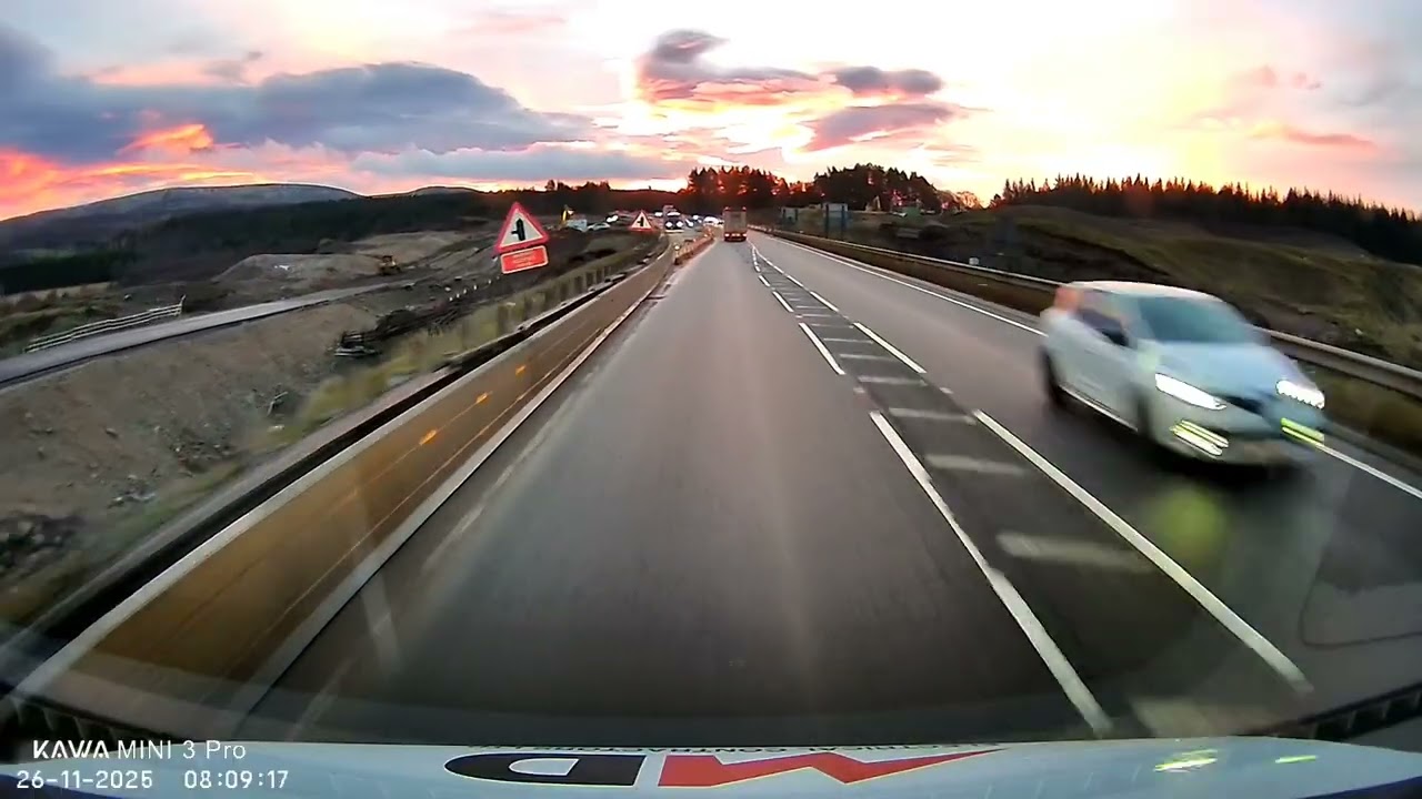A9 heading South from Inverness. A9 roadworks, dueling the A9, sunrise. 26.11.25