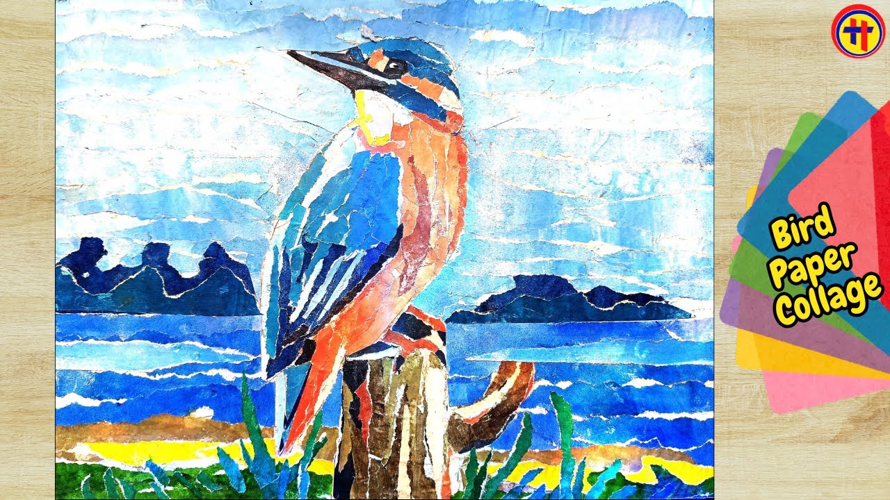 Kingfisher Bird Paper Collage Art | Easy Technique with Colour paper.