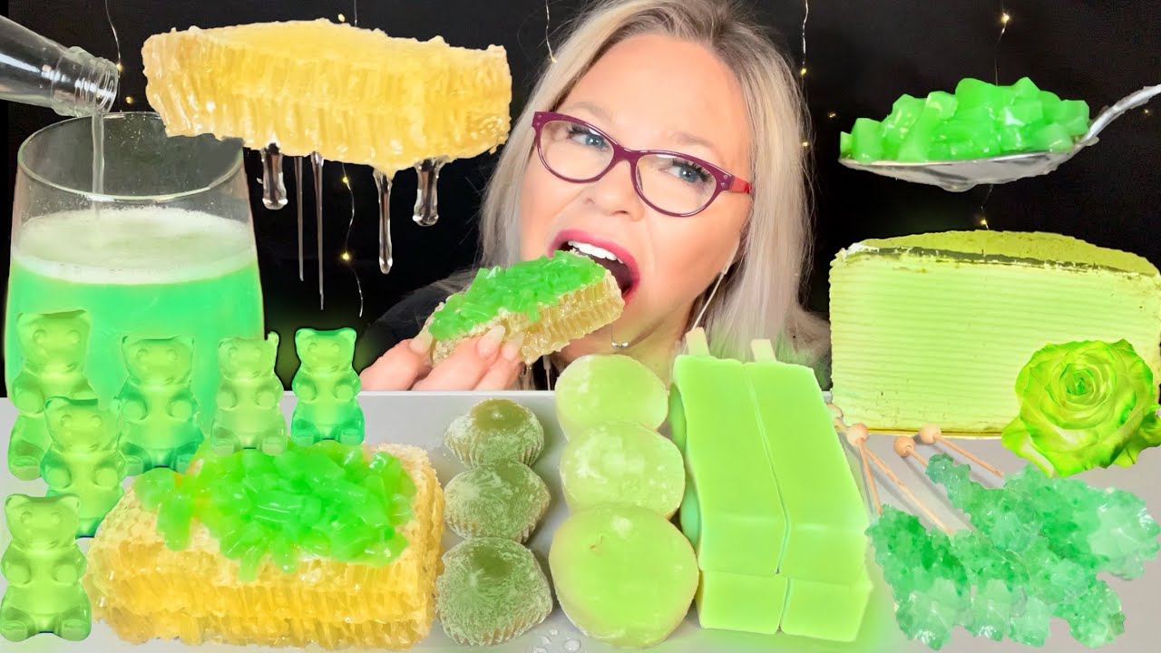 ASMR EATING GREEN TEA RICE CAKE, SHERBET MOCHI, MATCHA CREPE CAKE, MELON BAR,  HONEYCOMB, MUKBANG 먹방