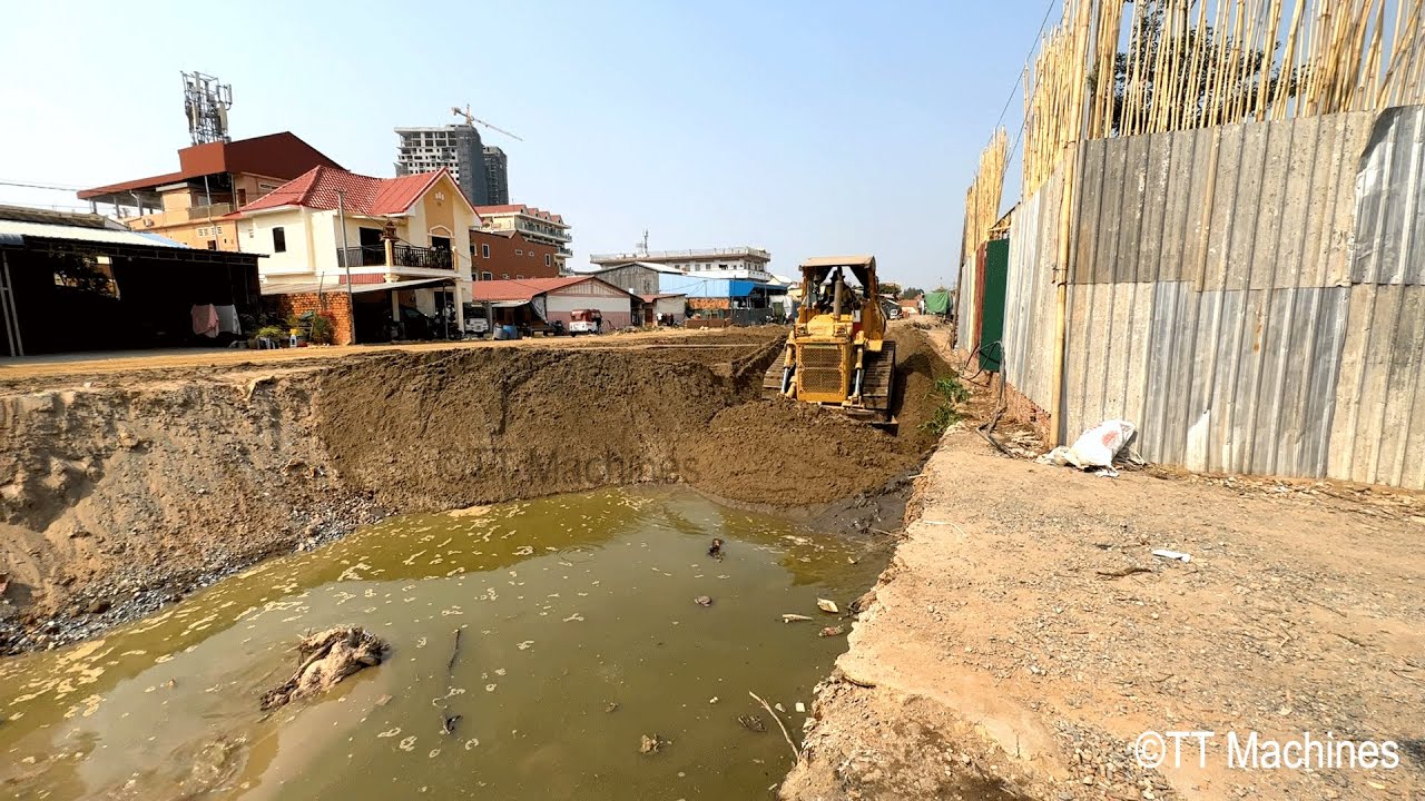 New Action Expansion New Of Village Road By KOMATSU Bulldozer Pushing Sand & Rock