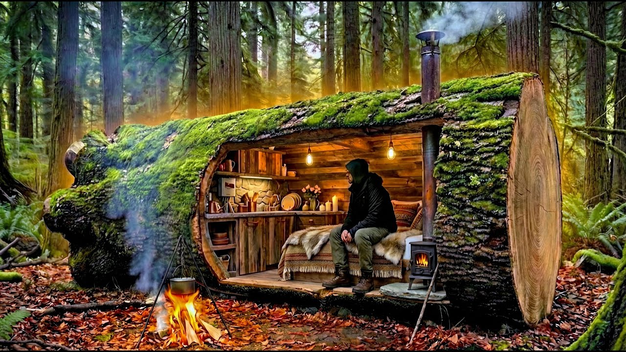 I Built a Hidden Shelter Inside a Hollow Tree
