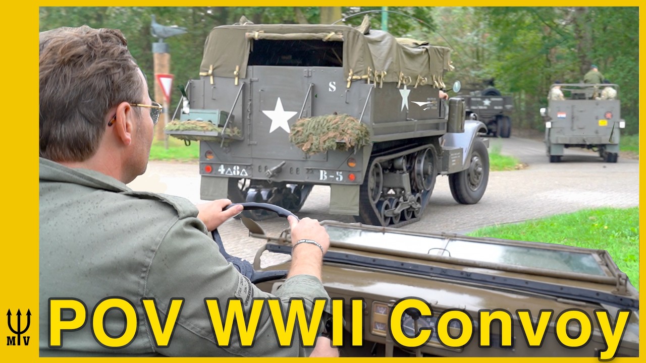 WWII Jeep POV: Riding in a Military Convoy with Army Motorbikes, Trucks & Halftracks!