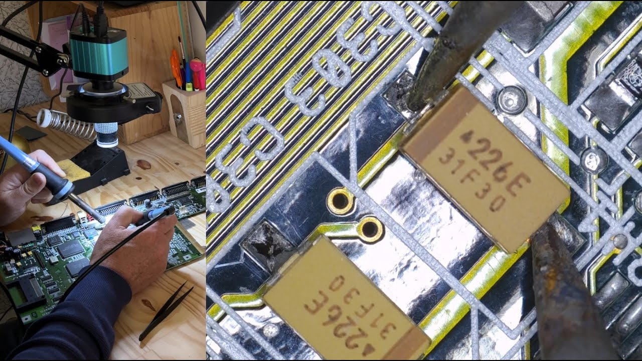 Soudures de condensateurs filmées au microscope 130X 48MP sur un Amiga 1200