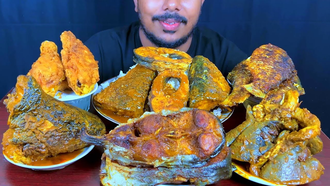 Eating Spicy Big Rohu Fish Curry,Fish Fry,Mutton Lounge,Chicken Fry With Rice || Asmr Mukbong Show
