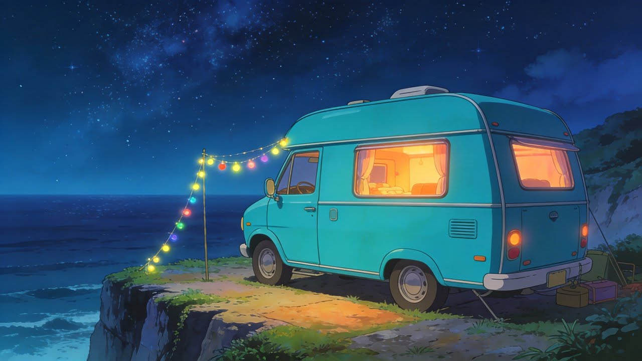 Cooking Seafood Paella on a Cliff 🥘🌊 Relaxing Seaside RV Camping | Ghibli Style