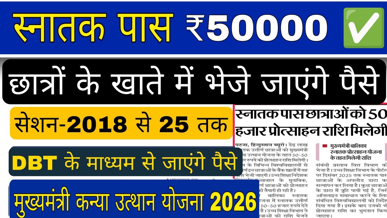 graduation pass 50000 : छात्राओं के खाते में भेजे जाएंगे 50000 mukhyamantri kanya utthan yojna 2026