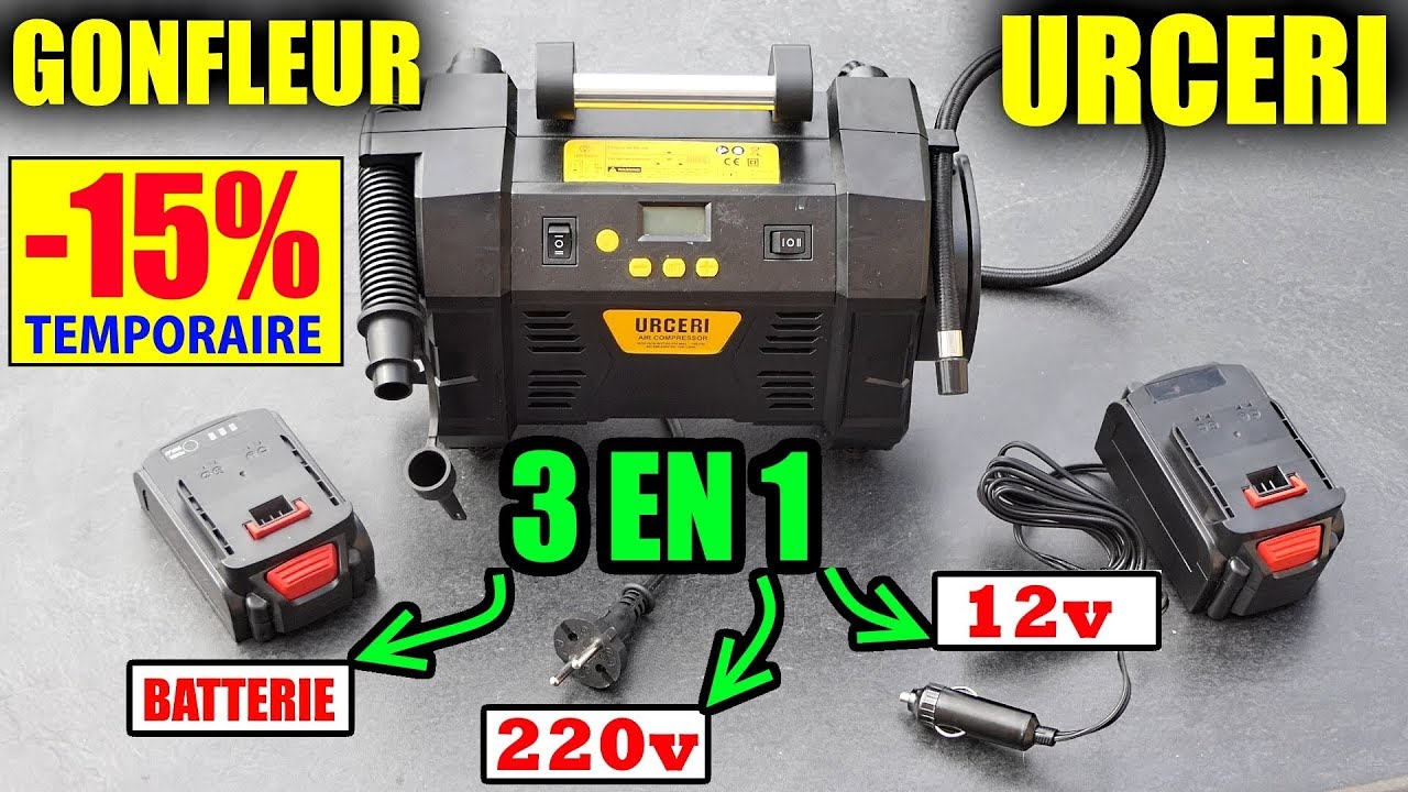 URCERI Compresseur Gonfleur de pneus 3en1 (220v/Batterie/Allume cigare) voiture moto matelas