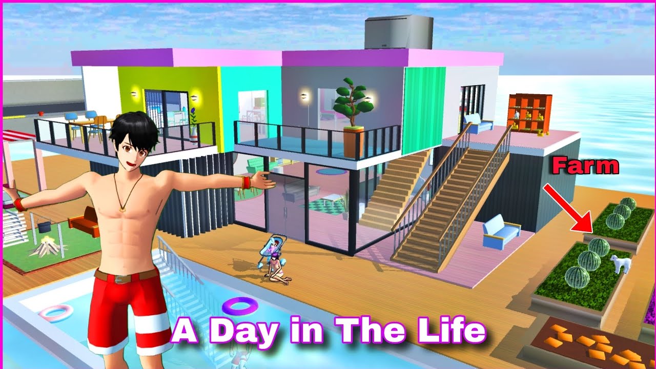 PROPS ID : Luxury Harbor Survival House with Farm and Pool in Sakura School Simulator