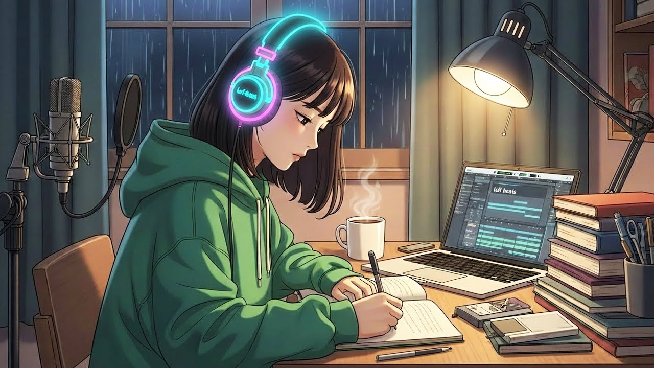 Night Study LoFi Beats – Cozy Anime Girl Writing in Rain | Chill Beats to Relax, Focus & Study
