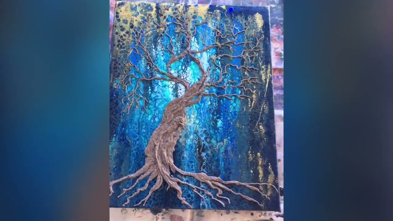 Majestic textured Tree of Life, acrylic pour, mixed media