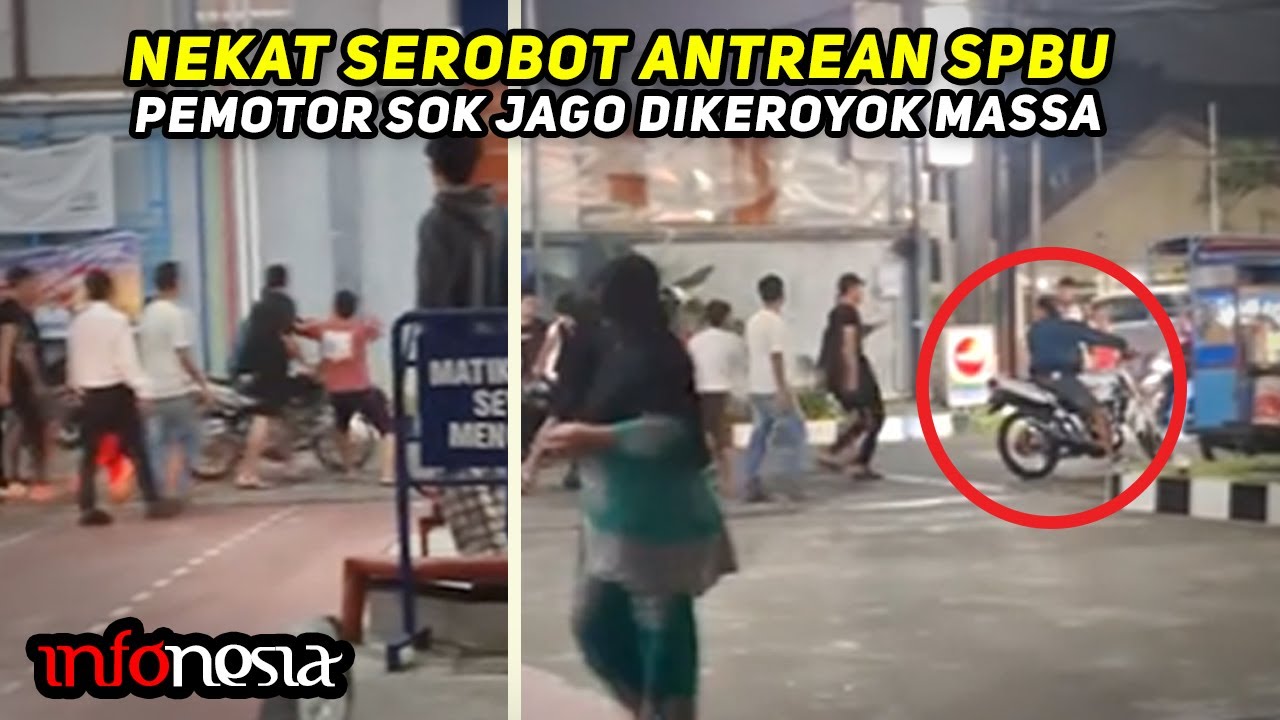PUAS LIATNYA...! Aksi Pemotor Diamuk Massa, Akibat Serobot Antrean SPBU