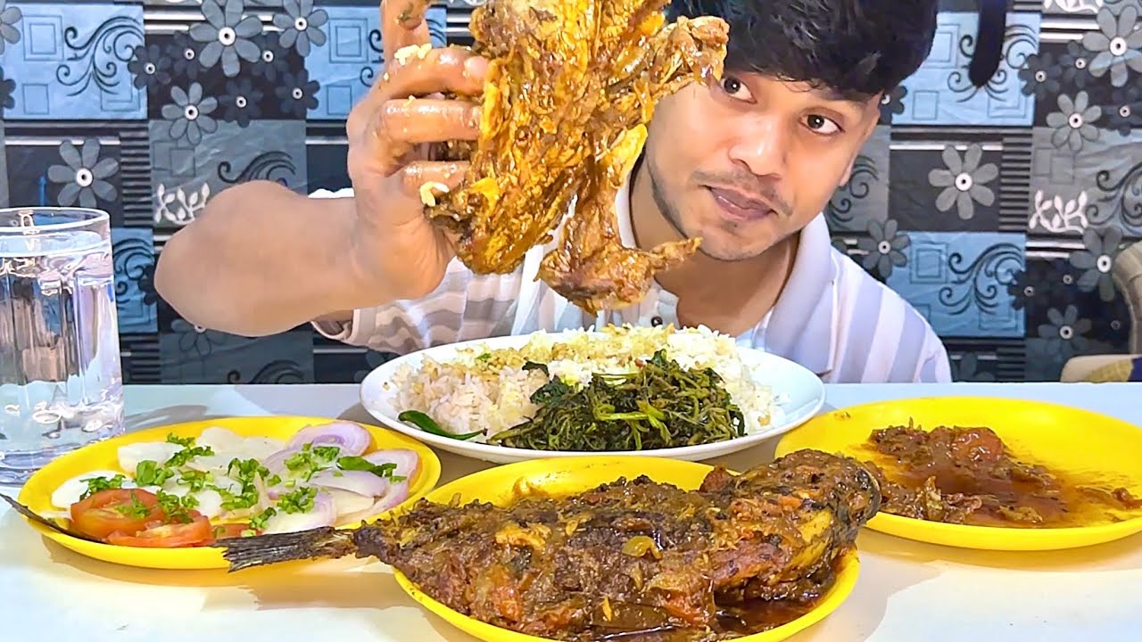 Eating Spicy🔥🐟Fish Curry with Rice, Sag and Salad | Eating Mukbang Show ASMR