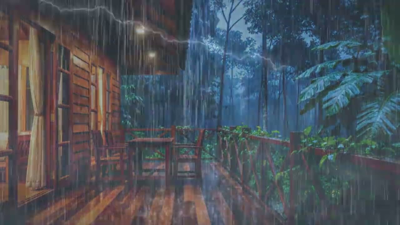 Gentle Rain Falling on a Wooden Cabin Deck (3 Hours) | Relaxing Night Ambience