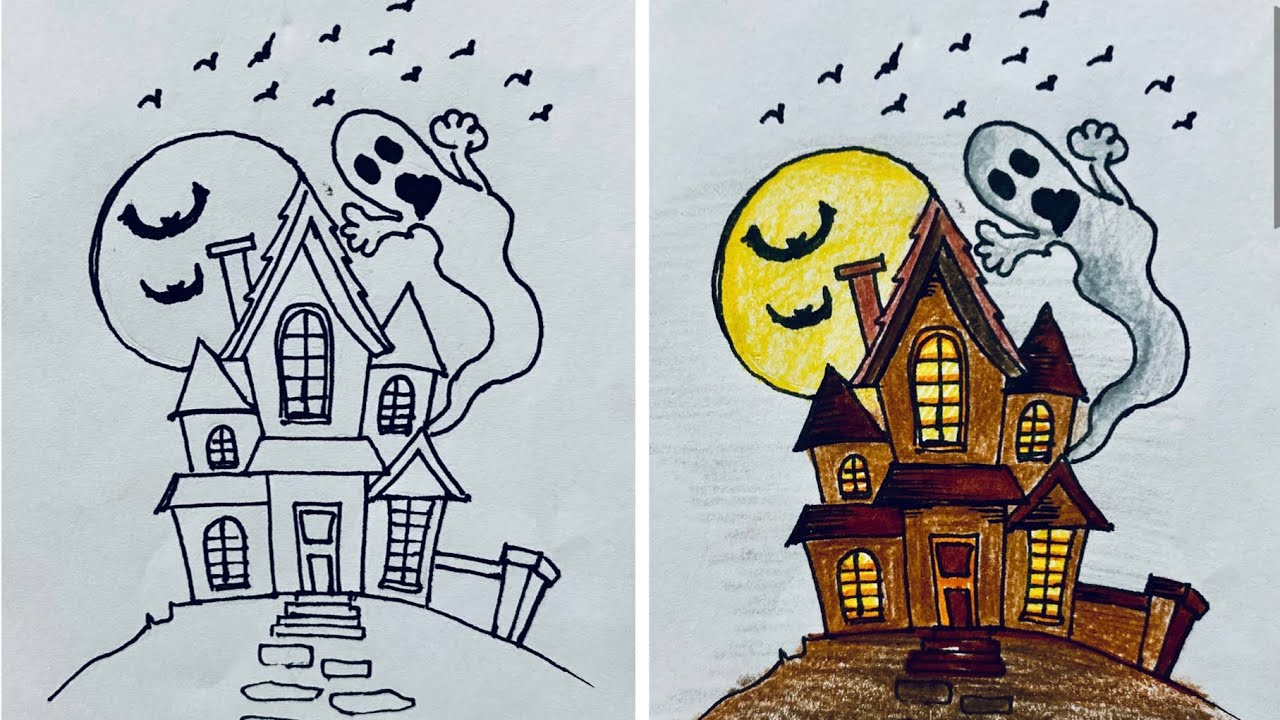 How to draw a House Halloween & Spooky Drawing For Kids | Easy Drawing House 