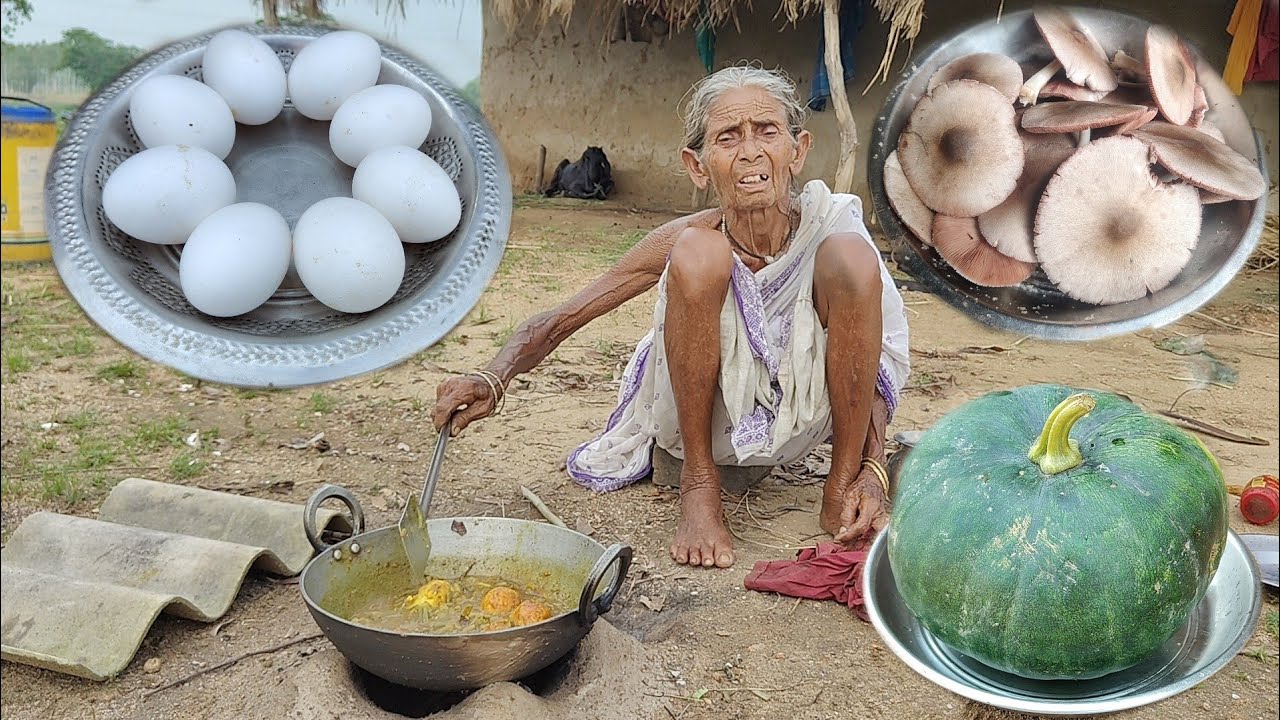 Tribal Poor old widow Grandma cooking EGG CURRY with Mushroom & Bean recipe and eating with rice 