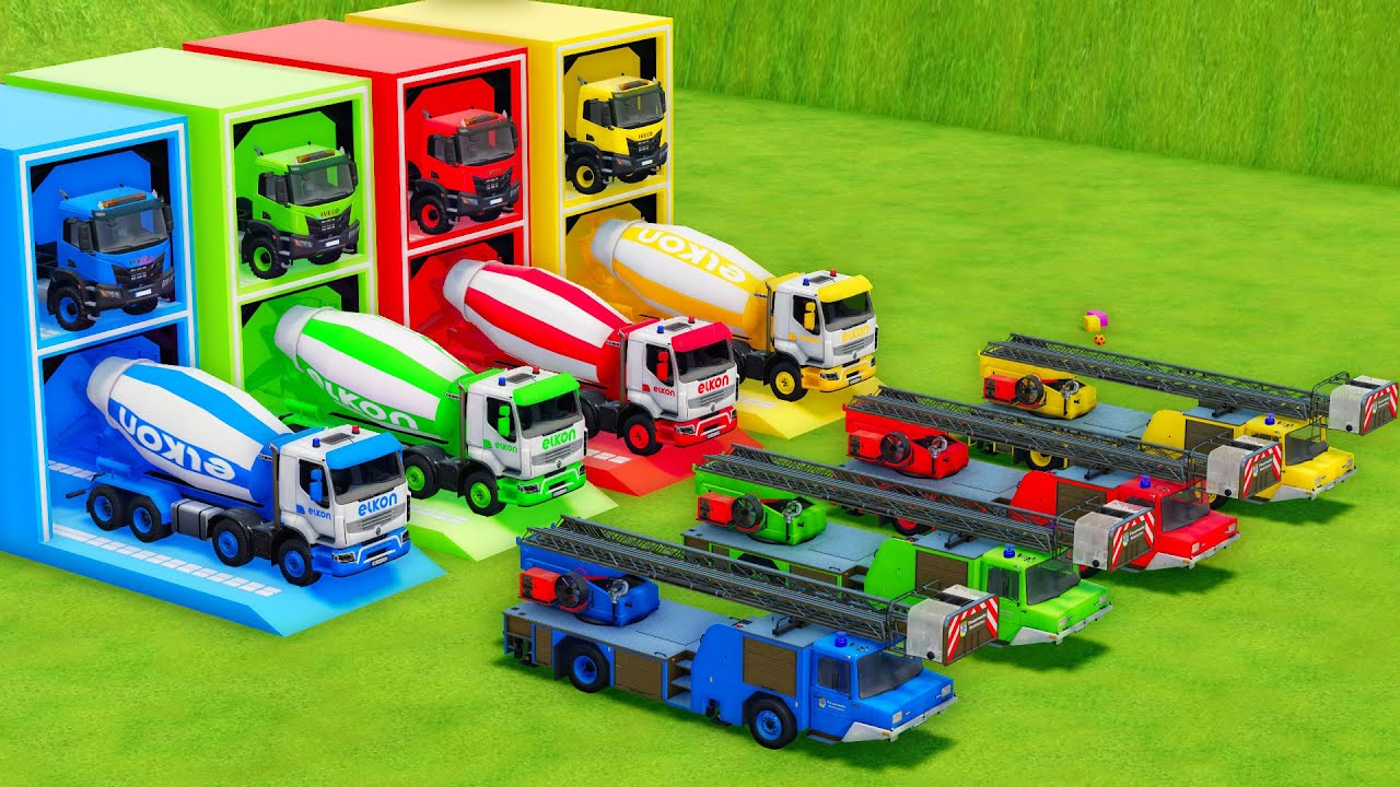 Garage with Colors - ALL MIXER TRUCK WITH DOUBLE FLATBED TRAILER TRUCK, IVECO, RENAULT, LIZARD