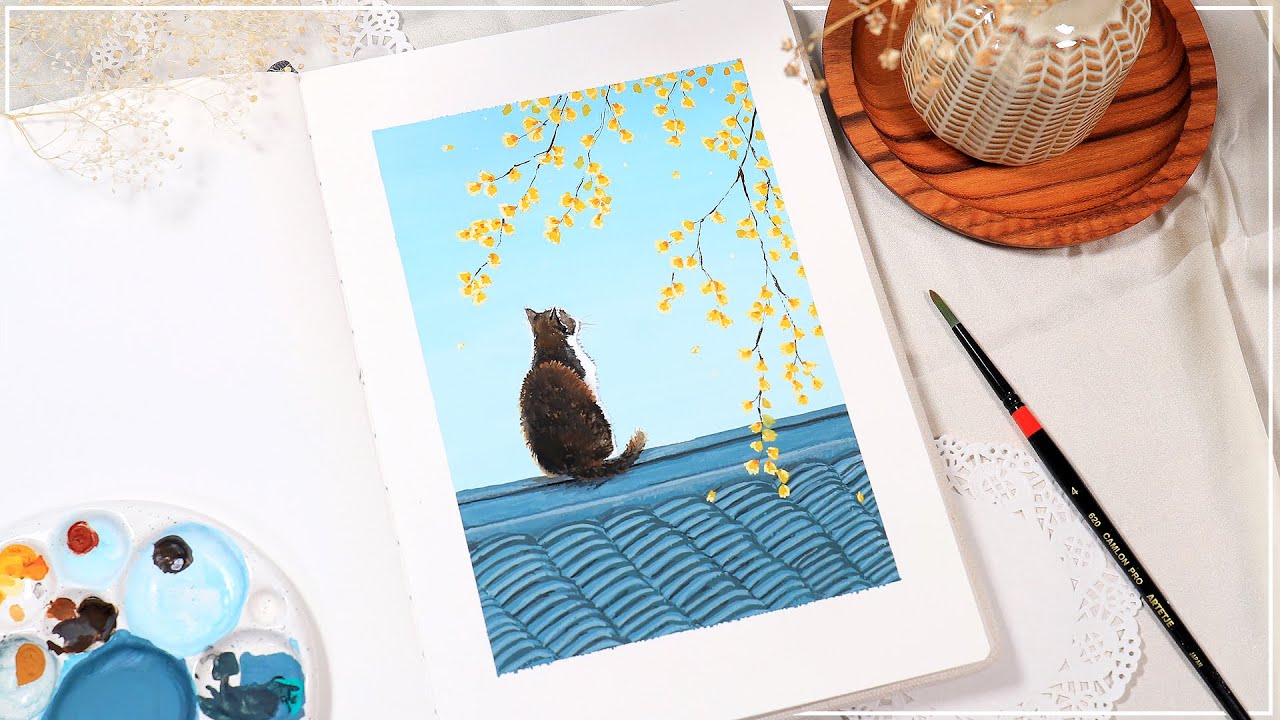 🍂 Fall Gouache Painting Tutorial // Cat and Leaves