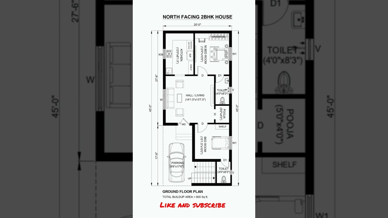 20'x45' North facing house 🏠 plan/ 2Bhk 🏠/ Ground floor plan with car parking #shorts #civilengineer