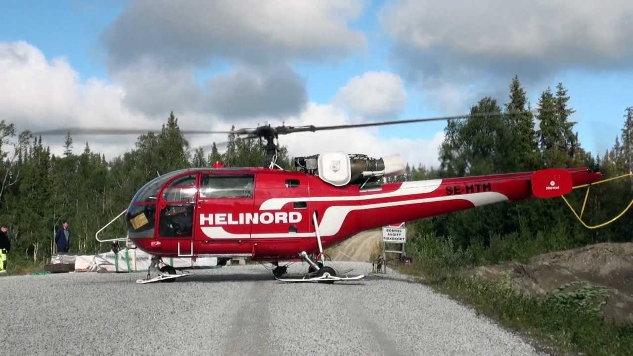 HELINORD HELIKOPTERSERVICE. Lasteflygning i Lierne take-off. Eurocopter Alouette III start up.
