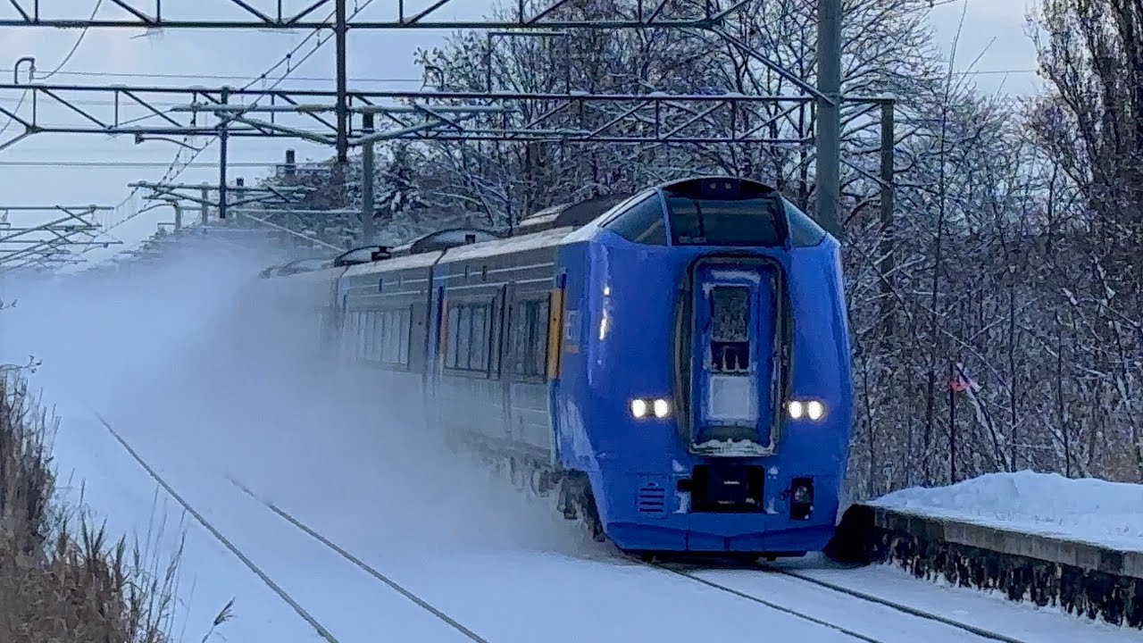 冬の豊沼駅を通過する特急列車と貨物列車［@JR北海道函館本線］ #JR北海道 #函館本線 # 789系 #キハ283系 #キハ261系 #DF200 #特急ライラック #特急オホーツク #特急宗谷